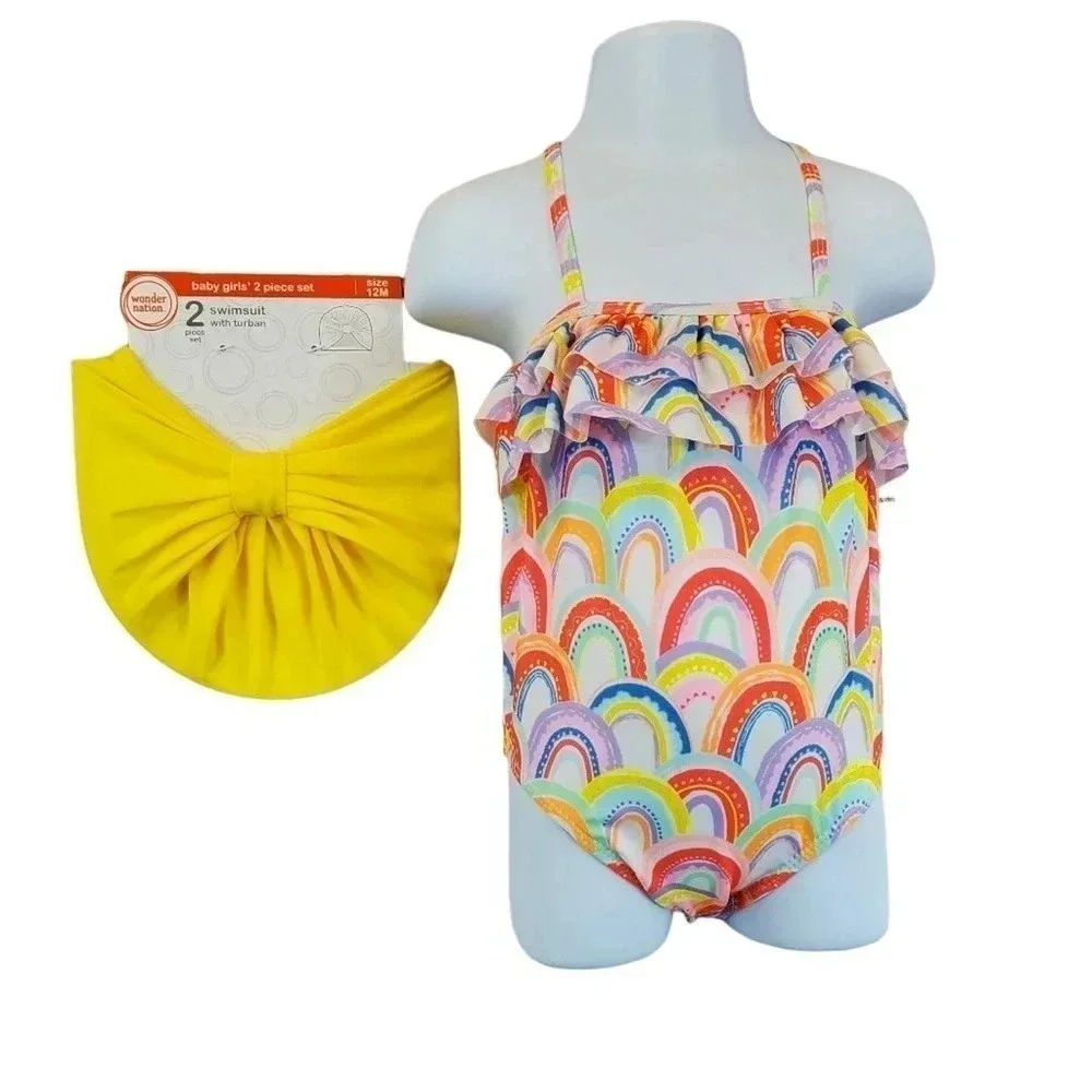 12m Baby Girls Rainbow One Piece Swimsuit with Matching Hair Turban Swimwear